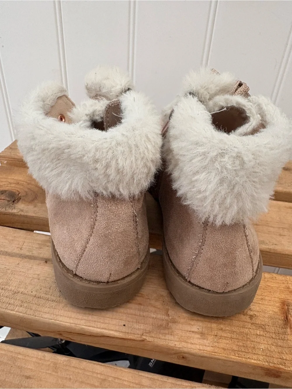 Cozy Faux-Suede Fur-Trim Kids Ankle Boots - Light Taupe